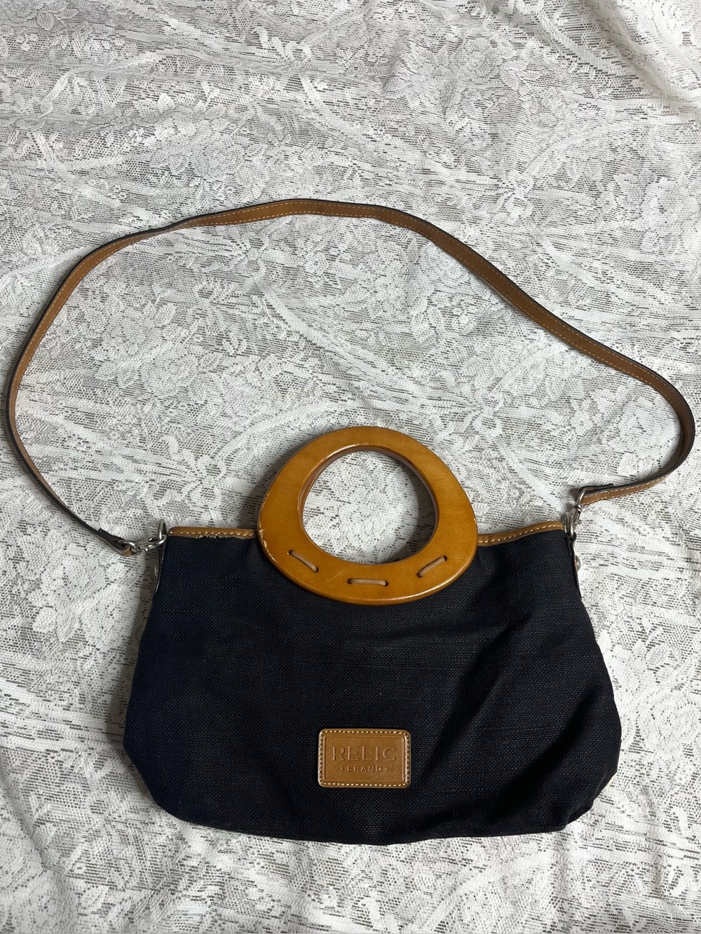 RELIC Canvas Patchwork Satchel Handbag with Wood Handles - Picture 2 of 10
